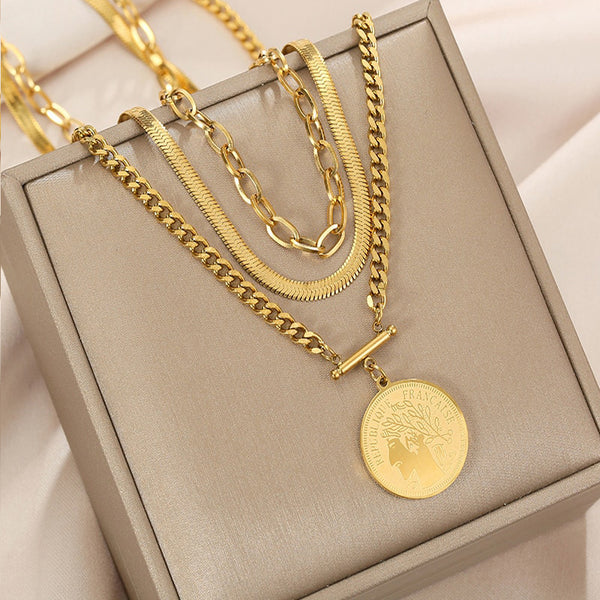 316L Stainless Steel Three-tiered Round Brand Pendant Necklace