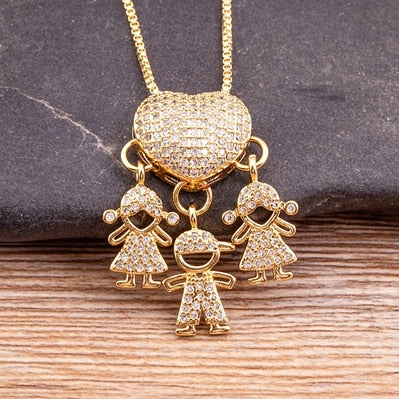 Hot Sale Son Daughter Heart Gold Color Cubic Zirconia Family Girl Boy Pendant Necklace