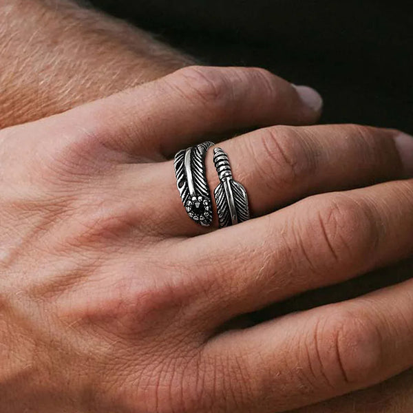 Boho Feather Ring, Stainless Steel Wrap Around Ring for Men
