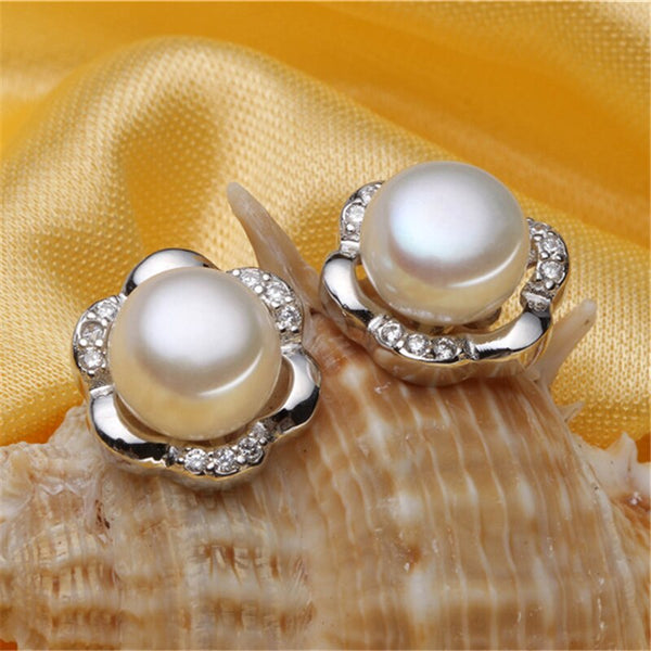 Flower Stud Natural Pearl Stud Earrings 925 Sterling Silver Earrings For Women