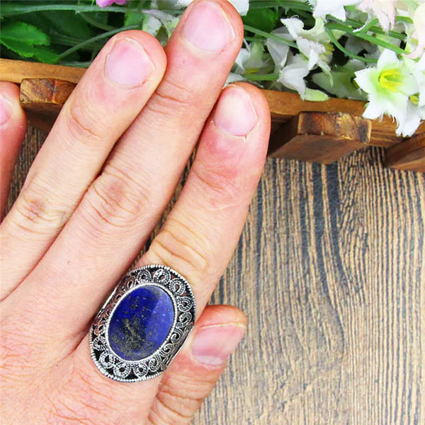 Anillos ovalados de lapislázuli para mujer, anillos de flores de piedra natural