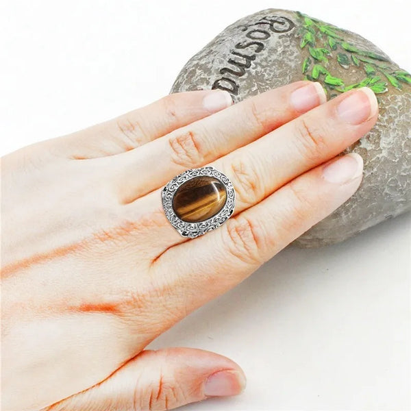 Anillos ovalados de ojo de tigre para mujer, anillo de flor de piedra natural