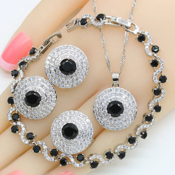 Black Stones Necklace Pendant Bracelets Earrings Rings Gift Box