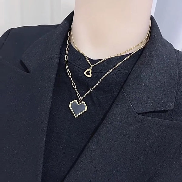316L Stainless Steel Fun Black Love Double Necklace Gold Color Chain Pendant