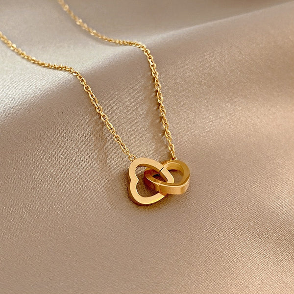 Stainless Steel Hollow Double Love Connecting Pendant Necklace