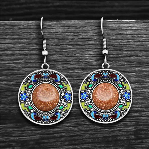 Pendientes vintage de piedras lunares redondas para mujer