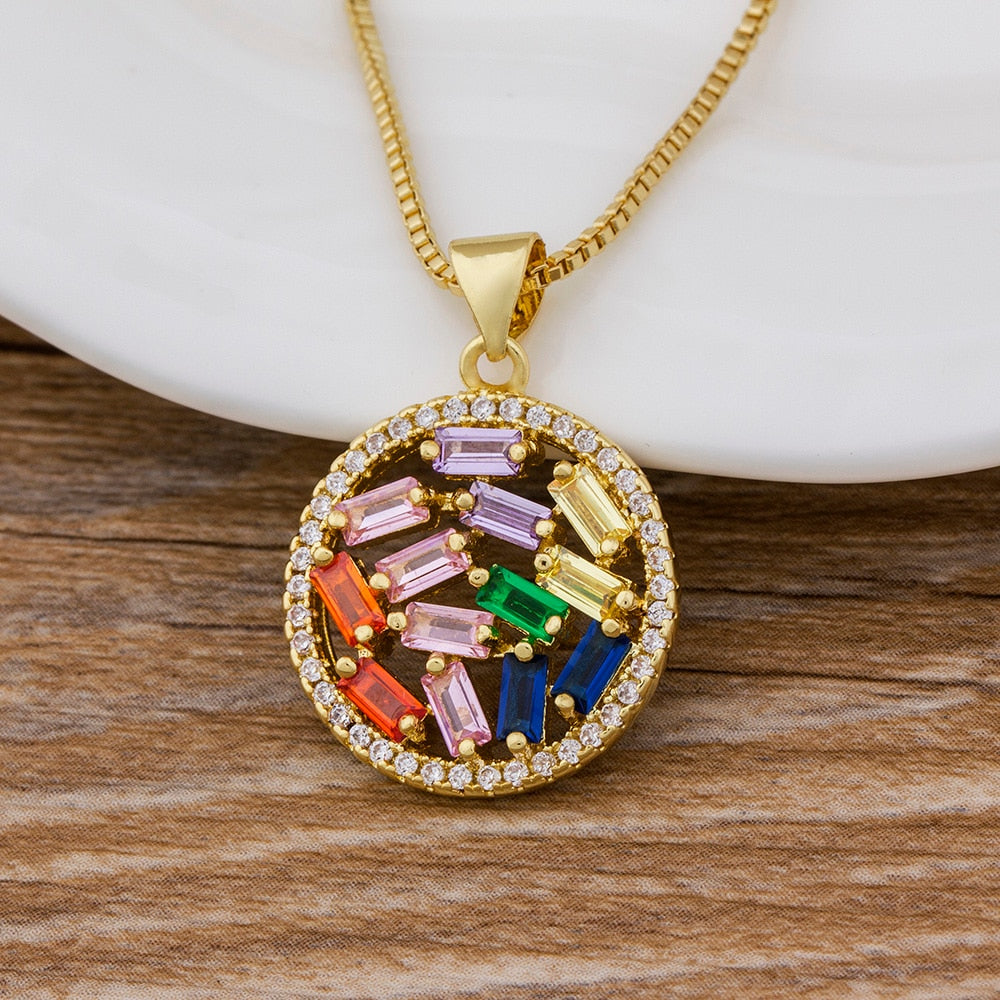 Fashion Rainbow Necklace Multicolor Pendants Charm Gold Color Jewelry Long Chain Necklace