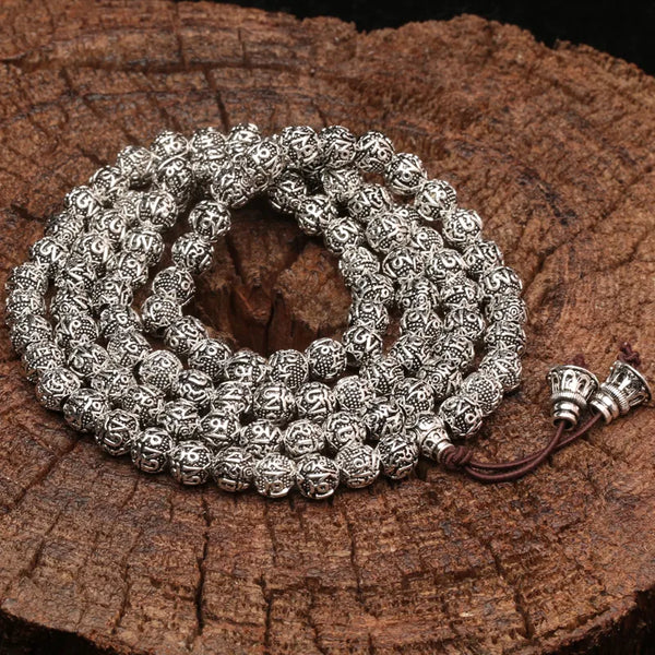 Nepal Retro Handmade Tibetan Silver 8mm 108 Beads Necklace