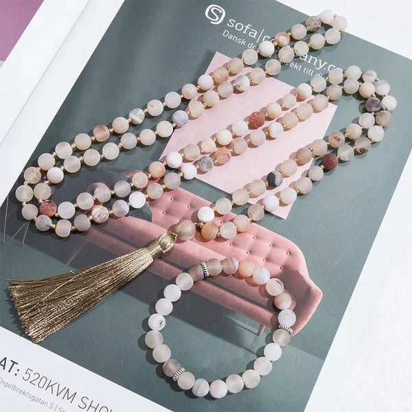 Collar de japamala 108 anudado con cuentas de ágata natural abierta de 8 mm para meditación y yoga