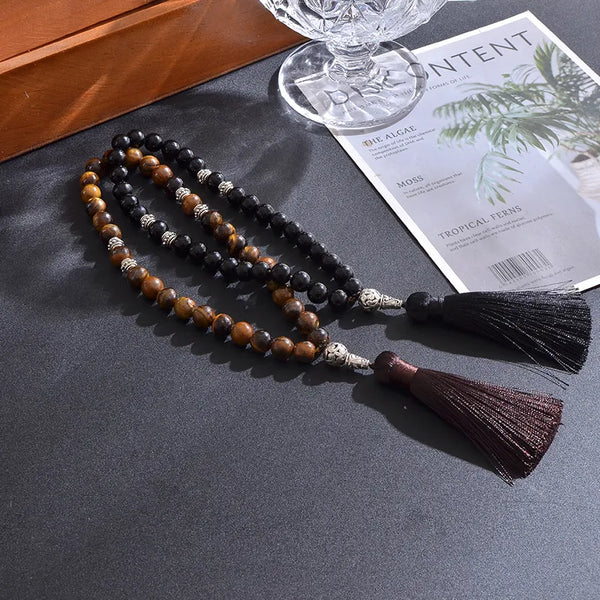 Pulsera islámica musulmana Tasbih de ónix negro, ojo de tigre amarillo, 8 mm/10 mm, 33 cuentas de oración
