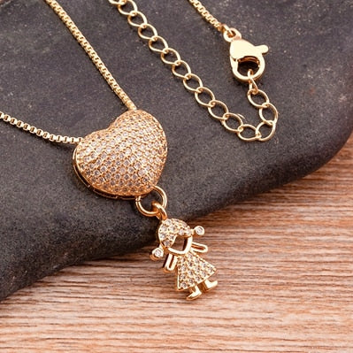 Hot Sale Son Daughter Heart Gold Color Cubic Zirconia Family Girl Boy Pendant Necklace