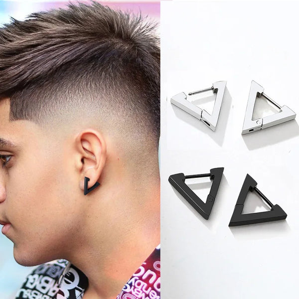 Modern Unique Guys Geometry Triangle Shaped Hoop Huggie Piercing Stud Earrings for Men Women