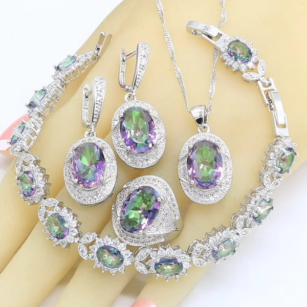 Rainbow Zircon Bracelet Necklace Pendant Earrings Ring  Jewelry Sets for Women