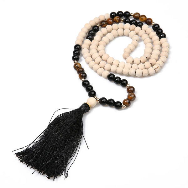 Collar de cuentas de madera de 8 mm con ojos de tigre amarillo y ónix negro para meditación