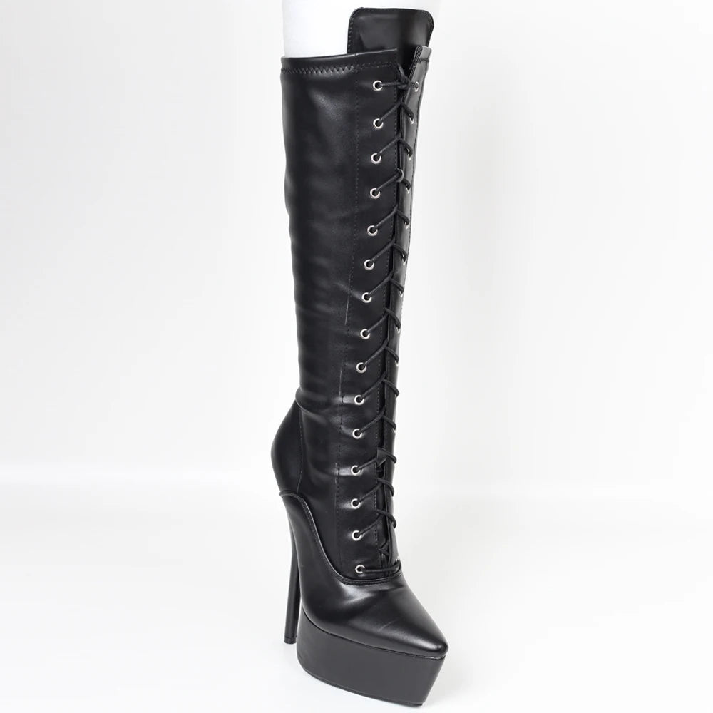 New Style 7" Heel Closed Toe Lace Up Knee-High Boots