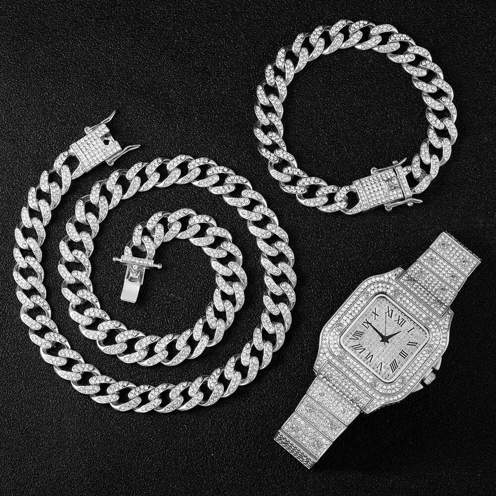 Hip Hop Men Chain Miami Cuban Chain Iced Out Necklace +Watch+Bracelet