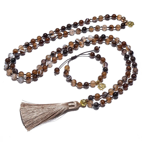 Collar de japamala anudado con cuentas de ágata café de 8 mm, conjunto de pulsera de bendición para meditación y yoga