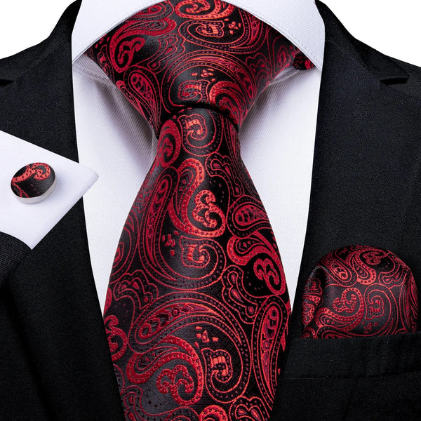 Mens Necktie Red Black Paisley Designer Silk Wedding Tie For Men