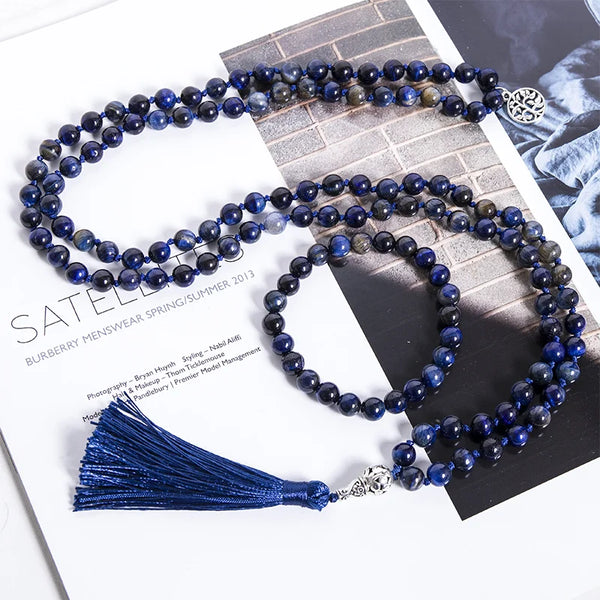Collar anudado con cuentas de lapislázuli natural de 8 mm y ojo de tigre para meditación y yoga.