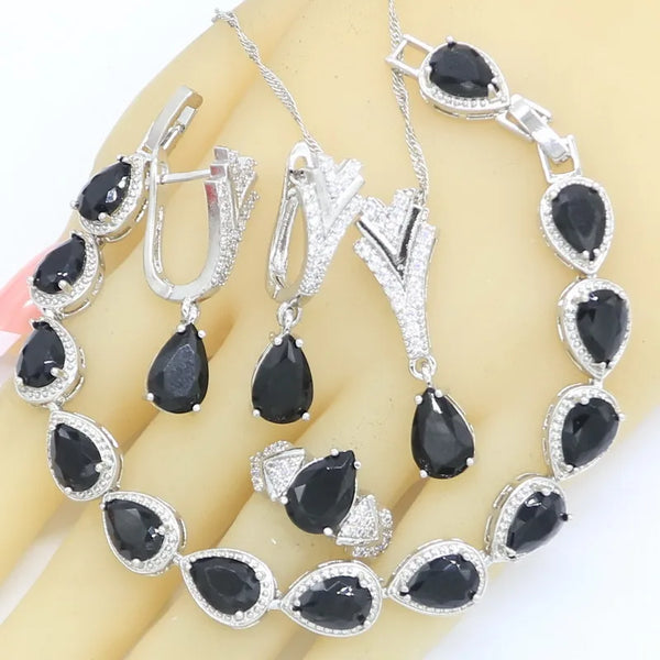 Black Zircon Silver Color Bridal Jewelry Sets For Women