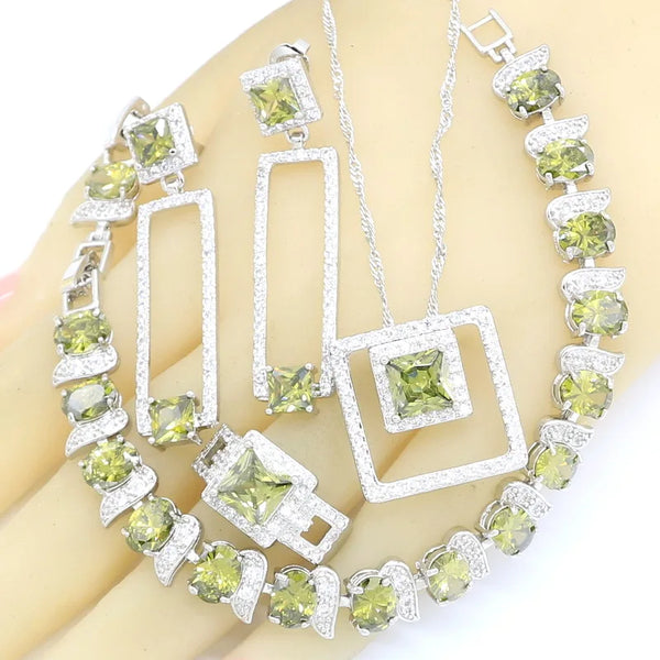 Geometric Olive Green Zircon Silver Color Jewelry Sets For Women Bracelet Necklace Pendant Earrings Ring Gift Box