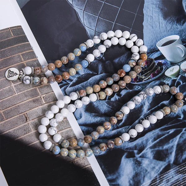 Pulsera de meditación con cordón elástico y cuentas de jaspe emperador de howlita natural de 8 mm