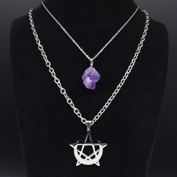 Collar gótico con pentagrama de luna y cristal morado, acero inoxidable, color plata, estilo punk.