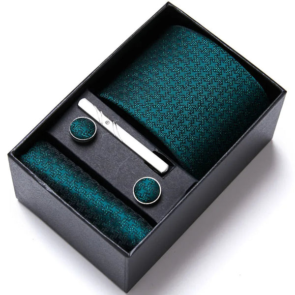 Top Quality 7.5 cm Business Ties Hanky Cufflink Set Tie Clips Green Necktie Corbatas For Men