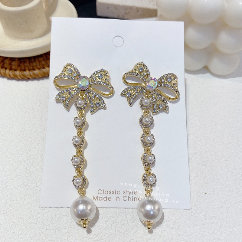 Korean Elegant Rhinestone Bowknot Drop Earrings For Women