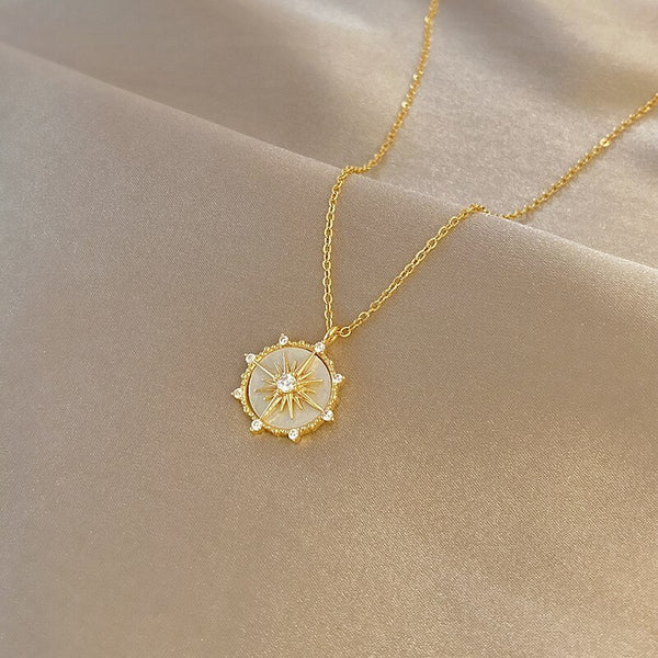Stainless Steel Fashion Personality Geometric Zircon Necklace Shell Flower Pendant