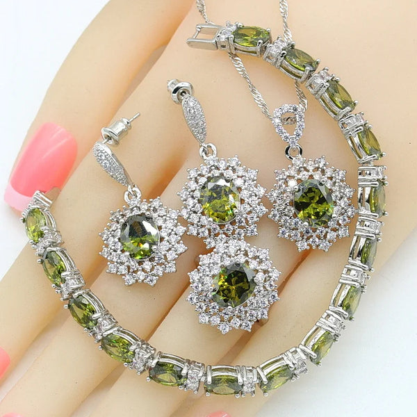 Olive Green Crystal Silver 925 Jewelry Sets For Women