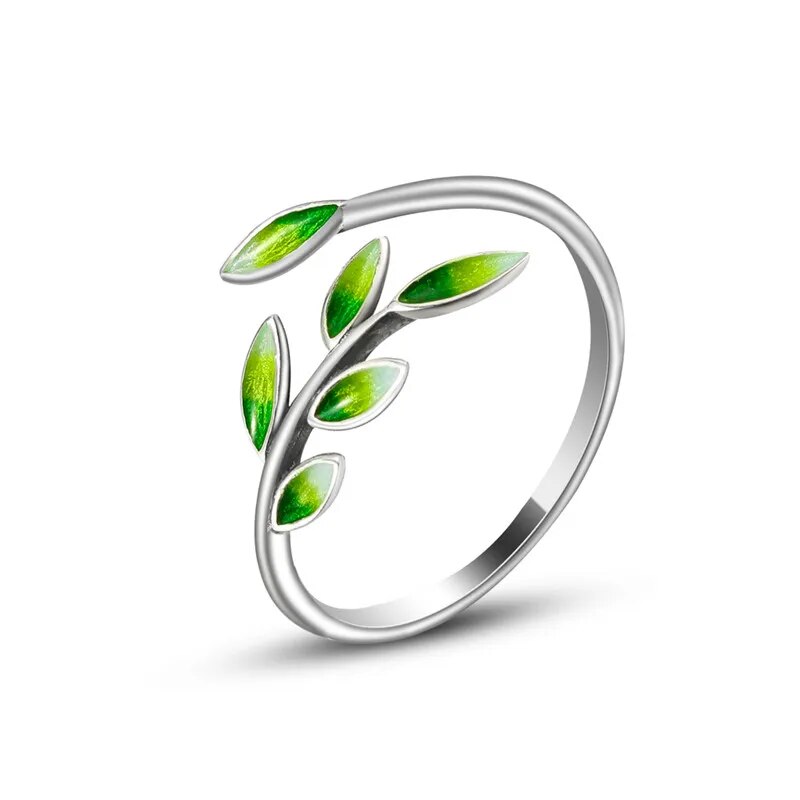 Real 925 Sterling Silver Green Enamel Leaf Ring
