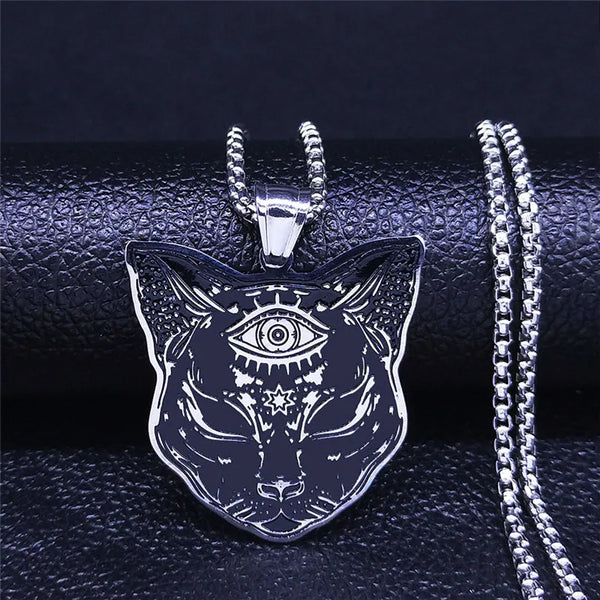 Collar de acero inoxidable con ojos de gato y brujería. Misterioso collar de adivinación y ocultismo de Baphomet.