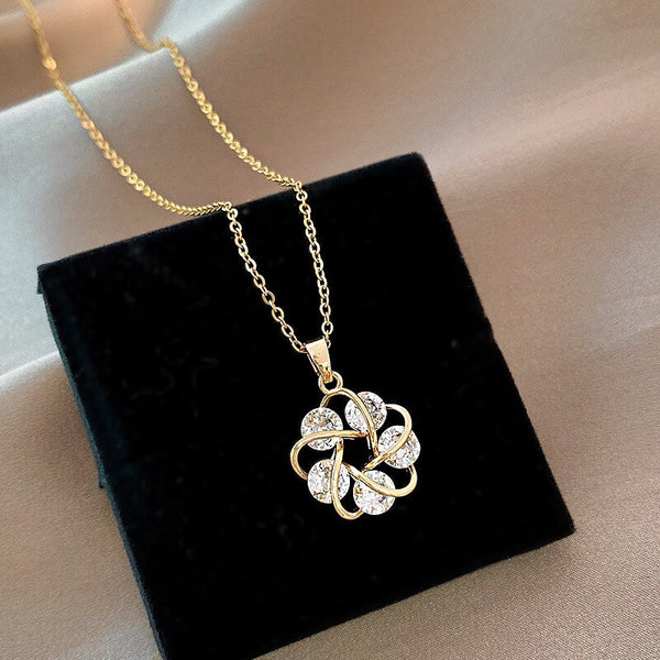 Stainless Steel Geometric Flower Zircon Pendant Necklace