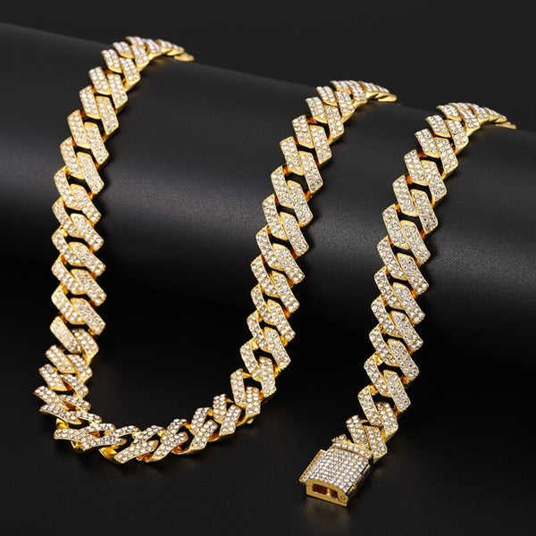 Crystal Rhinestone Miami Cuban Chain Gold Silver Color Necklace Bracelet