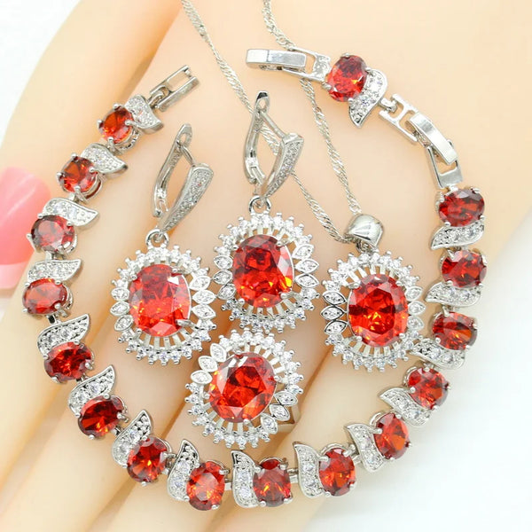 Red Zirconia Dubai Silver Color Bridal Jewelry Sets For Women