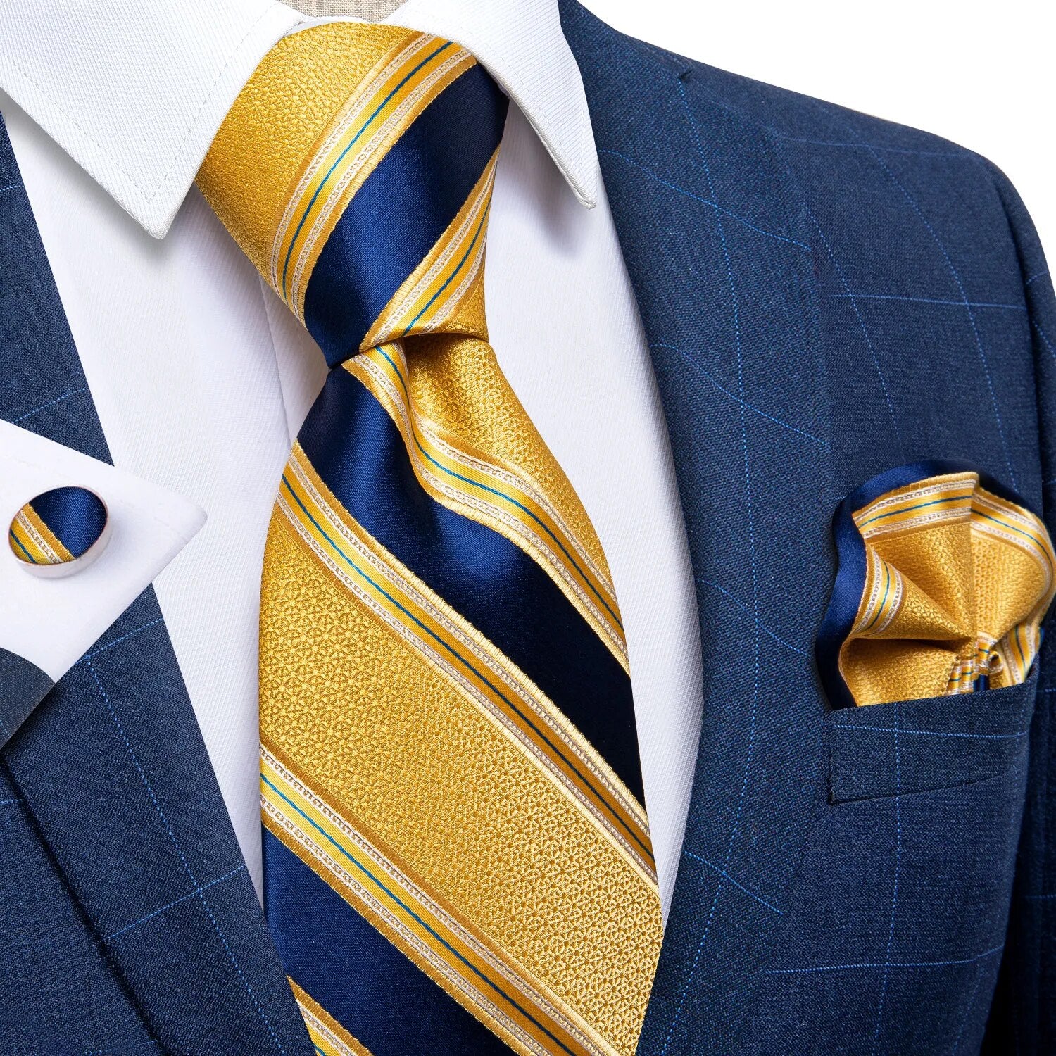 Men Tie Navy Gold Striped Business Formal Necktie Handkerchief Cuffinks Ring Set