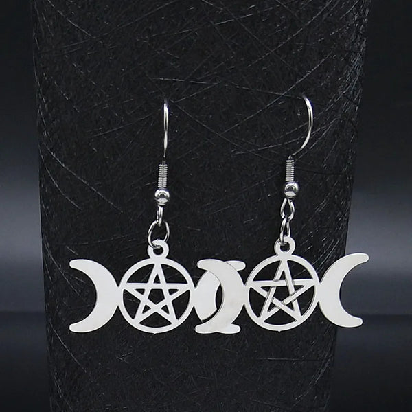 Pendiente de acero inoxidable con diseño de diosa de la triple luna y brujería, con pentagrama gótico de Wicca.