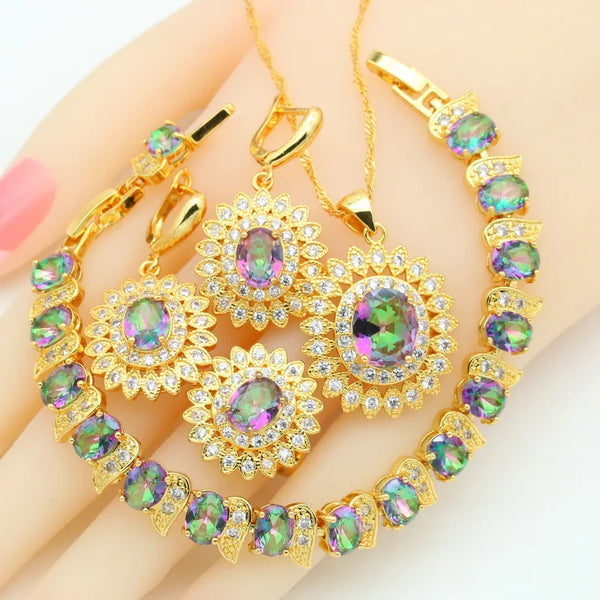 Rainbow Blue Green Stone Gold Color Bridal Jewelry Sets For Women