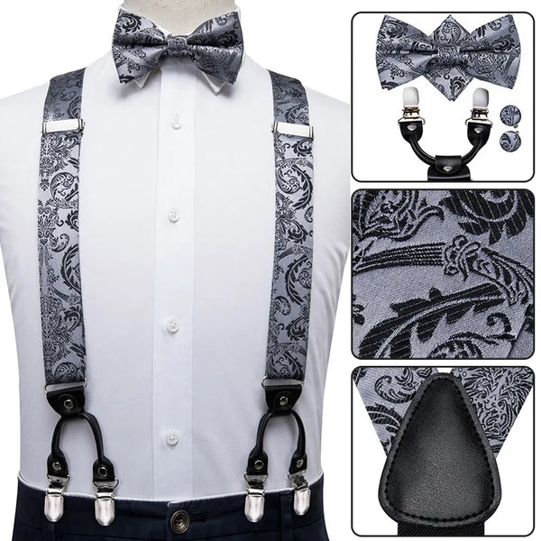 Conjunto de tirantes y pajarita de seda vintage para hombre de Hi-Tie, con estampado floral dorado a la moda