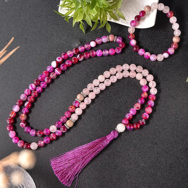 Collar de japamala de meditación con cuentas de ágata y cuarzo rosa de rodocrosita de 8 mm y 108 cuentas