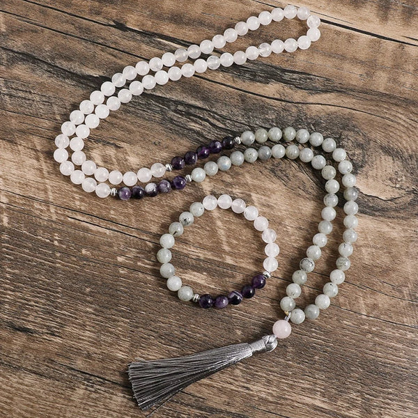 Collar y pulsera de amatista labradorita de jade blanco natural de 8 mm, conjunto de joyas 108 Japa Mala