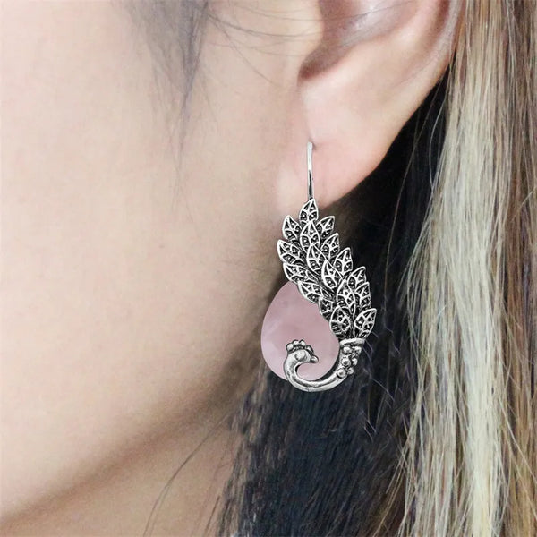 Pendientes vintage de lapislázuli de cuarzo rosa natural con diseño de pavo real para mujer