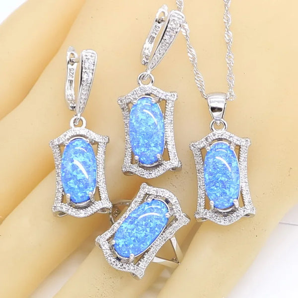 Geometric Blue Opal Silver Color Jewelry Sets For Women