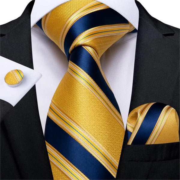 Fashion Men Tie Yellow Blue Striped Silk Wedding Tie For Men Hanky Cufflink Gift Tie Set