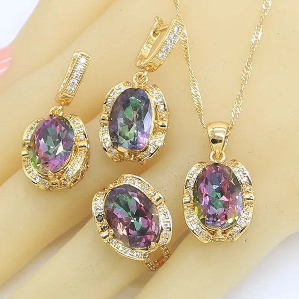 Multi Color Rainbow Semi-precious Earrings Necklace Pendant Rings Gift Box
