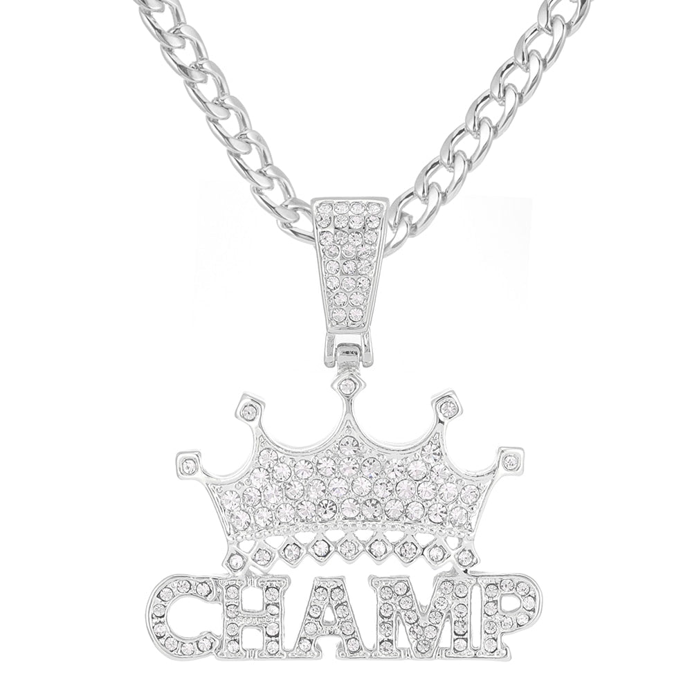 24inch Iced Out CHAMP Crown Pendant Necklace Choker Chain Necklace Women
