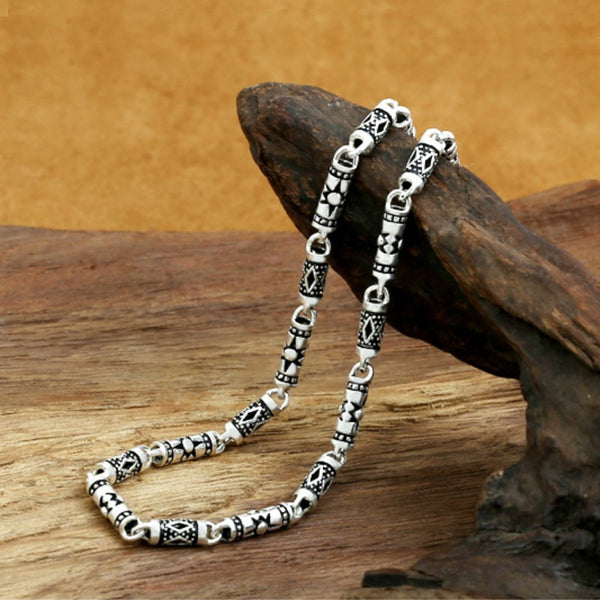 Cadena cilíndrica Unibabe de plata pura de 4 mm de grosor con diseño geométrico vintage clásico en plata de ley S925.
