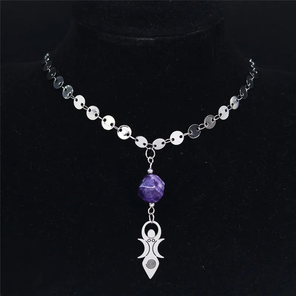 Collares de acero inoxidable con cristales naturales de diosa vórtice lunar bohemio para mujer