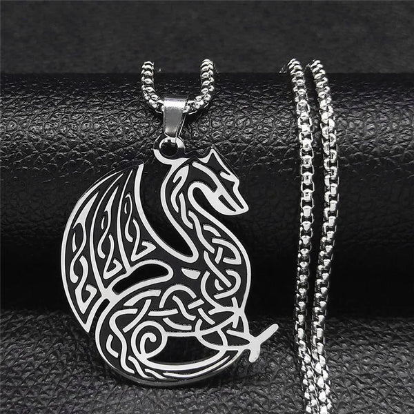 Collares llamativos de acero inoxidable con diseño de dragón y nudo irlandés para hombre, color plata